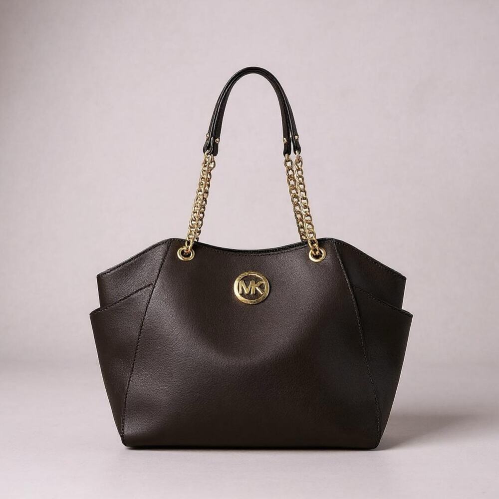 Michael Kors Jet Set East West Black Leather Tote Bag with Gold Chain Straps